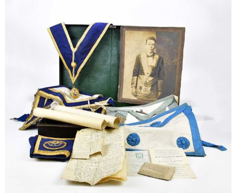 MASONIC INTEREST; a group of Masonic regalia to include aprons, cuffs, ephemera and a photograph of S W Seth, together with a