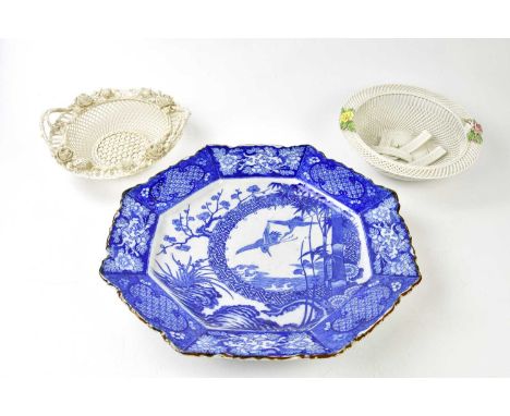 BELLEEK; a fine porcelain twin handled basket with floral encrusted decoration, diameter 26cm, a Creamware ceramic basket and