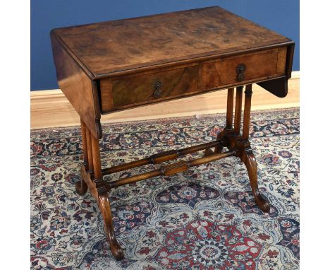 A reproduction walnut drop-leaf sofa table with two drawers, width 75cm, depth 55cm, height 74cm.