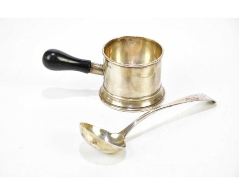 A George V hallmarked silver spoon warmer, with turned ebony handle, Sheffield 1930, with a George III silver sauce ladle, Lo