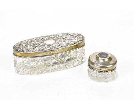 Two hallmarked silver and cut glass trinket boxes, indistinctly marked, weighed silver 0.55ozt/7.2g.