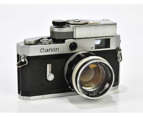 CANON; a Canon P rangefinder 35mm film camera, serial number 749104, with a 50mm f1.4 lens and a hot shoe mounted light meter