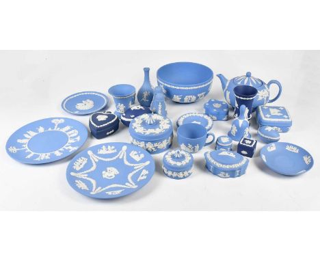 WEDGWOOD; a collection of jasperware including various trinket boxes, teapot, bowls etc.