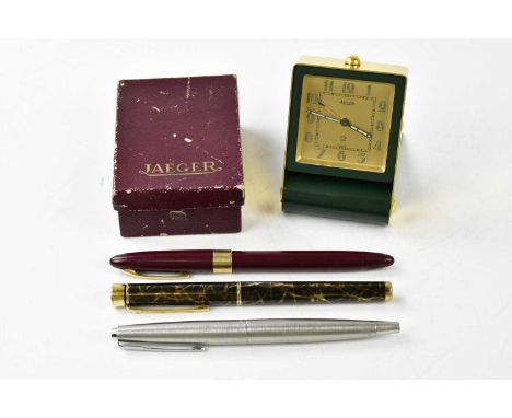 JAEGER; a travelling alarm clock in associated Jaeger box, Sheaffer fountain pen with 14K mount, a further Sheaffer fountain 