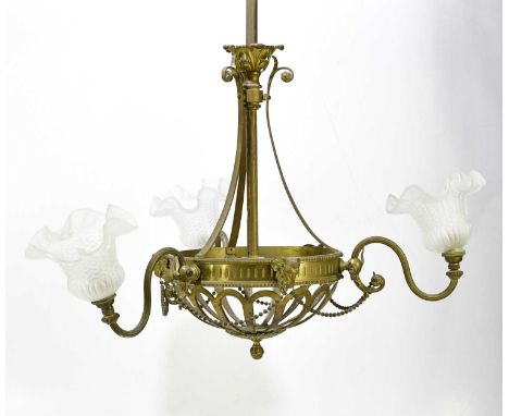 An early 20th century cast brass hanging light with applied ram's head and three moulded glass shades, height 84cm.