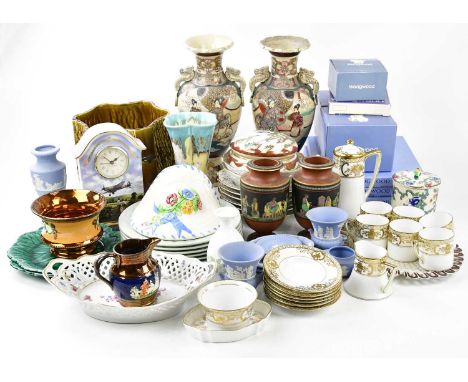 An assortment of 19th century and later ceramics including Wedgwood Jasperware, Noritake coffee service and lidded trinket bo