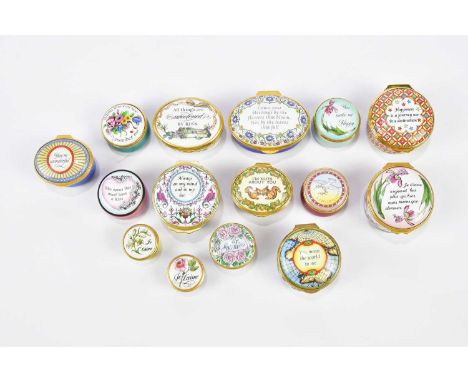 HALCYON DAYS; a collection of seven enamel trinket boxes and covers including an example with the motto 'Always on my mind an