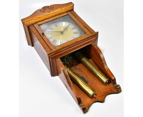 An oak and pine cased sunburst wall clock, the dial set with silvered chapter ring and Roman numerals, with two brass weights