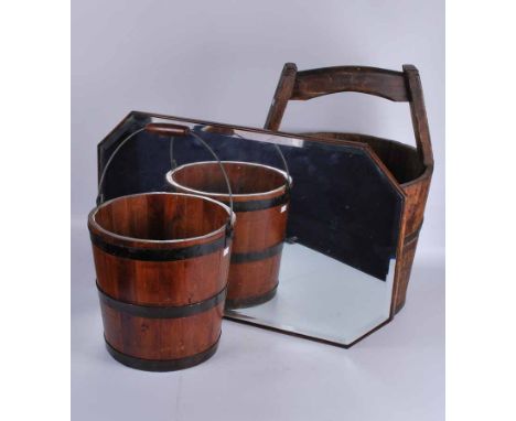 Two vintage turf pails and a 1930s oak framed mirror (3)