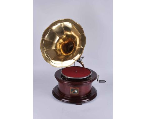 HMV Gramophone in cylindrical mahogany cabinet and brass trumpet. 62cm high