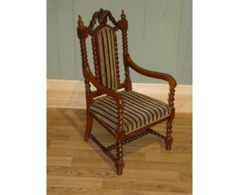 Early 20th century walnut childs chairs with backsplat and stuffover seat, decorated with bobbin and barley twist turning in 