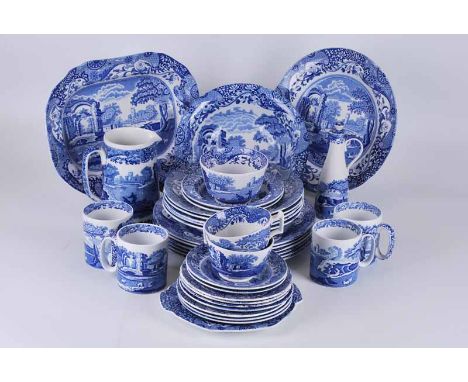 A collection of Spode Italian pattern blue and white pottery including seven dinner plates, five soap dishes, four tankards, 