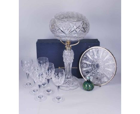 An early to mid 20th century lead crystal table lamp with plated nickle mounts, an EPNS pressed glass tray, a Mdina paper wei