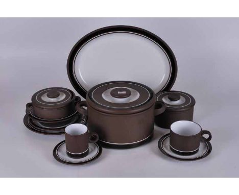 A Hornsea contrast breakfast and dinner service comprising of plates, tureens, soup bowls and covers, coffee and tea pots, cu