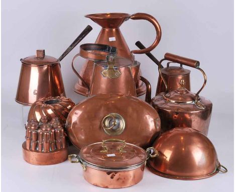 Collection of antique and vintage copper including haystack jug, kettle, three jelly moulds, saucepan, footwarmer and two han