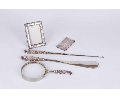 Small group of silver items to include a Victorian lady's card case by Hilliard &amp; Thomason, decorated with bright cut flo