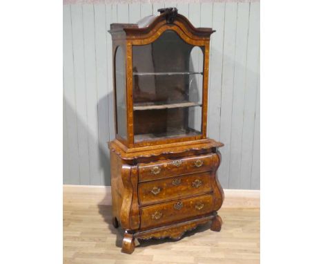18th Century Dutch Marquetry three drawer bombe commode with elevated display cabinet