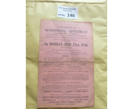 Speedway : Wombwell - Golden Wings Handicap programme - creased across &amp; slightly grubby 23/06/1930 - 4 page card - super