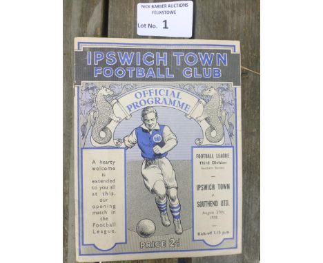 Football : Ipswich Town v Southend, 1st match in football league programme 27/08/1938 (minor creases/good cond)