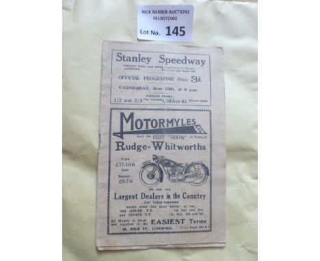 Speedway : Stanley - Liverpool v White City programme 25/06/1930 - sl. grubby, good cond - super rare - 16 pages