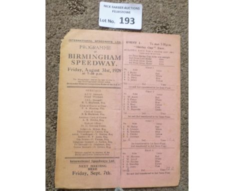 Speedway : Birmingham Perry Barr - Shirley Cup Handicap Races 31/08/1928 4 page card - clipped l/h top corner - generally goo