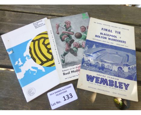 Football : European Cup Finals R Madrid/Reims 1959, Barcelona/Benfica 1961 &amp; FA Cup Final Blackpool v Bolton 1953 all vg 