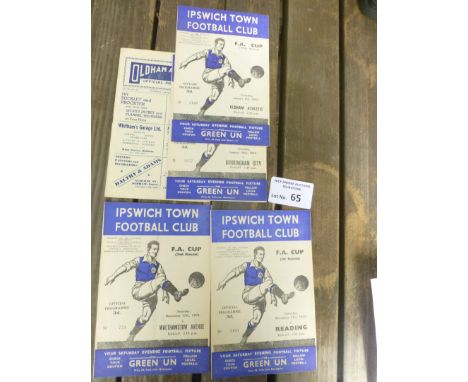 Football : Ipswich Town progs 1953/4 FA Cup (H) v Birmingham, Oldham, Walthamstow Ave &amp; Reading plus Oldham away (5) all 