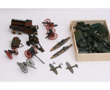 An unboxed Britain's army lorry with trailer, together with unboxed canon, 3 other canons, 2 gun carriages, 2 aeroplanes, 2 m