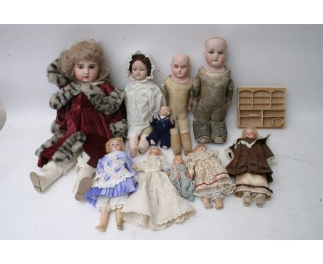 A box containing a quantity of various vintage and antique bisque headed dolls with composition and leather body's 