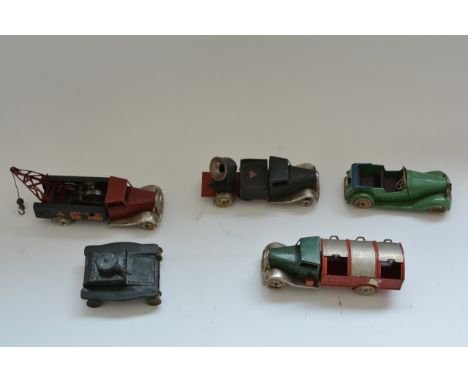 5 unboxed Minic vehicles including a breakdown lorry, and Army searchlight vehicle, dustcart, open top car, and a tank