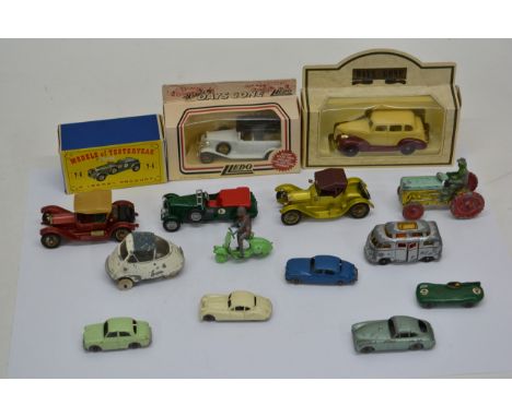 A small collection of model vehicles including an unboxed Motor Scooter, a French bubble car, 5 unboxed Matchbox 1-75 cars, a