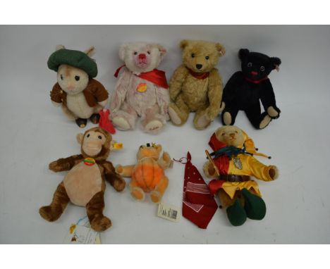 A Box containing a collection of ceramic Steiff Teddies together with a a box containing five unboxed Teddies and others
