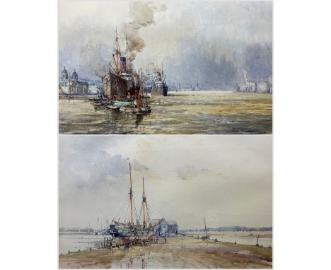 John Sutton (British 1935-): 'Victorian Shipping - Greenwich Reach c1900' and 'Evening Light - Bridham', pair watercolours si