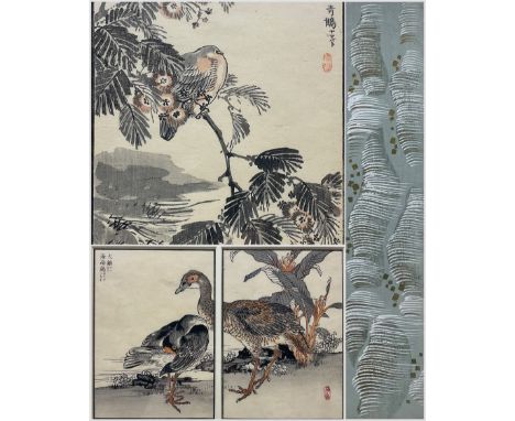 Kono Bairei (Japanese 1844–1895): Pigeon and Birds, set three colour woodblock prints framed as two pub. Bairei Picture Album