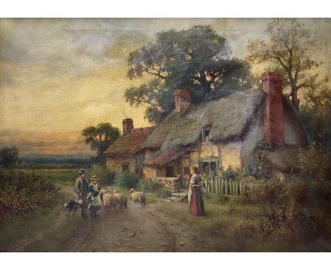 Jowett Singleton (British 1878–1927): Shepherd and Flock by Thatched Cottage, oil on canvas signed 40cm x 55cm