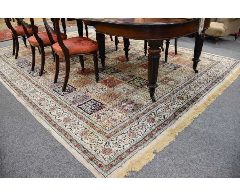 Machine Made Artificial Silk Carpet of Garden Design, the polychrome compartmentalised field of boteh, trees and plants enclo