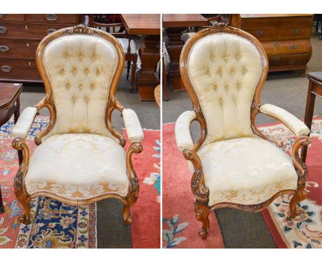 A Pair of Victorian Walnut and Button Backed Open Armchairs, in gold damask fabric