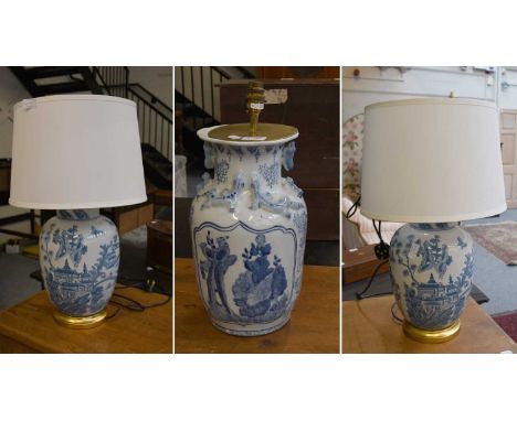 A Pair of Modern Blue &amp; White Table Lamps, and a Chinese Vase converted to a table lamp (3)The ceramic sections all in go
