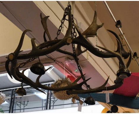 Antler Furniture: A Deer Antler Mounted Chandelier, late 20th century, a four light deer antler ceiling hung chandelier of ci