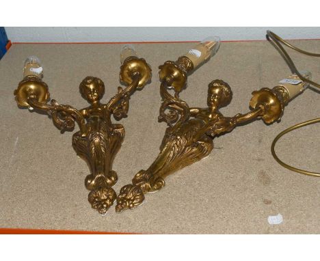 A Pair of Gilt Metal Figural Twin Light Wall Sconces, 48cm