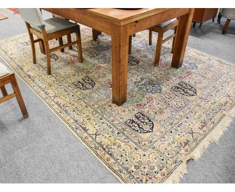 Nain Carpet of Garden Design, the compartmentalised field with columns of Mihrab containing stylised plant and flowers, enclo