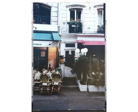 Morgan Doyle (20/21st Century), an untitled photograph of figures outside a cafe, photographic print laid onto board, 160 x 1