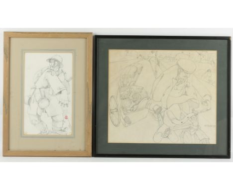 Ronnie Copas (British 1936-2017), a pencil sketch of a gentleman on a bicycle, signed and dated 79, 38 x 43cm, along with ano