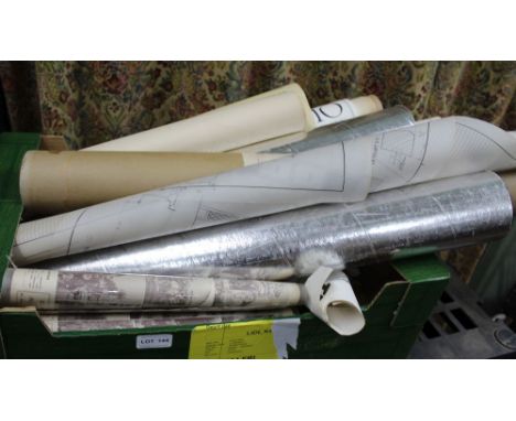 A BOX CONTAINING A SELECTION OF PRINTS, blue prints, architectural plans, etc. 