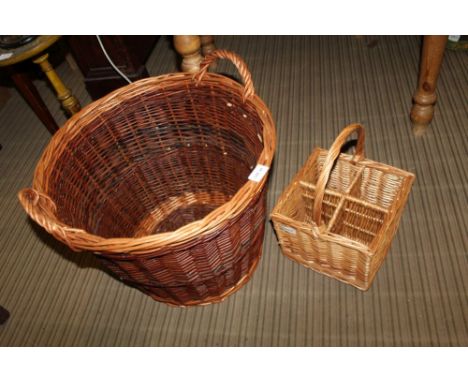 A WOVEN WICKER WORK FOUR-BOTTLED CADDY, together with a woven twin handled log basket 