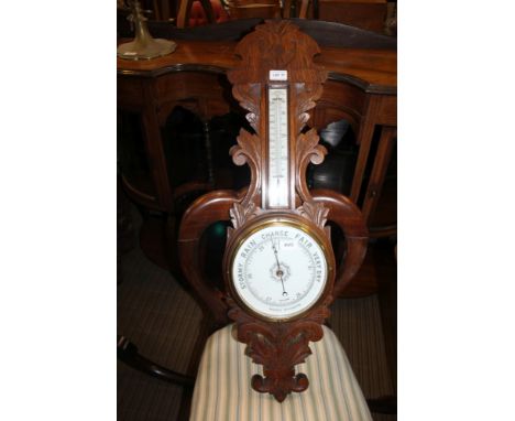 A 19TH CENTURY CARVED OAK BACKED BANJO BAROMETER THERMOMETER 
