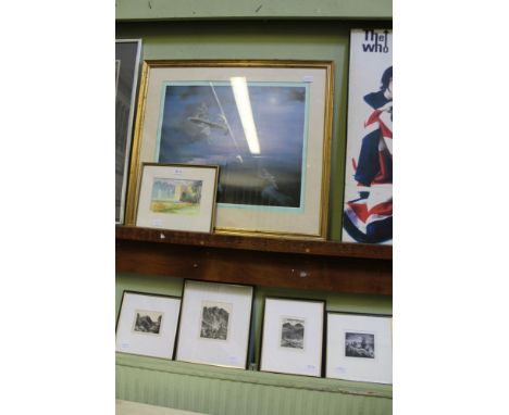 FOUR VARIOUS BLACK &amp; WHITE LIMITED EDITION PRINTS together with a watercolour of a castellated building, and a KB Hancock