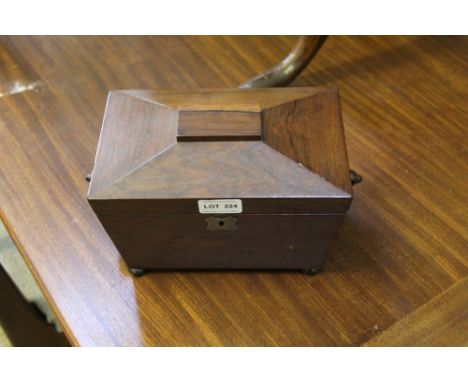 A 19TH CENTURY SMALL SIZED MAHOGANY SARCOPHAGUS TEA CADDY with twin ring drop handles