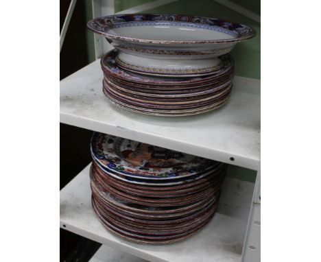 A VICTORIAN FLORENTINE POTTERY PART DINNER SERVICE comprising; ten dinner plates, 26cm in diameter, five soup plates, 26cm in