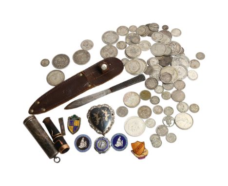 A Siam silver and niello heart-shaped brooch, silver and other enamel badges, a quantity of silver coins, a 9ct gold snake de